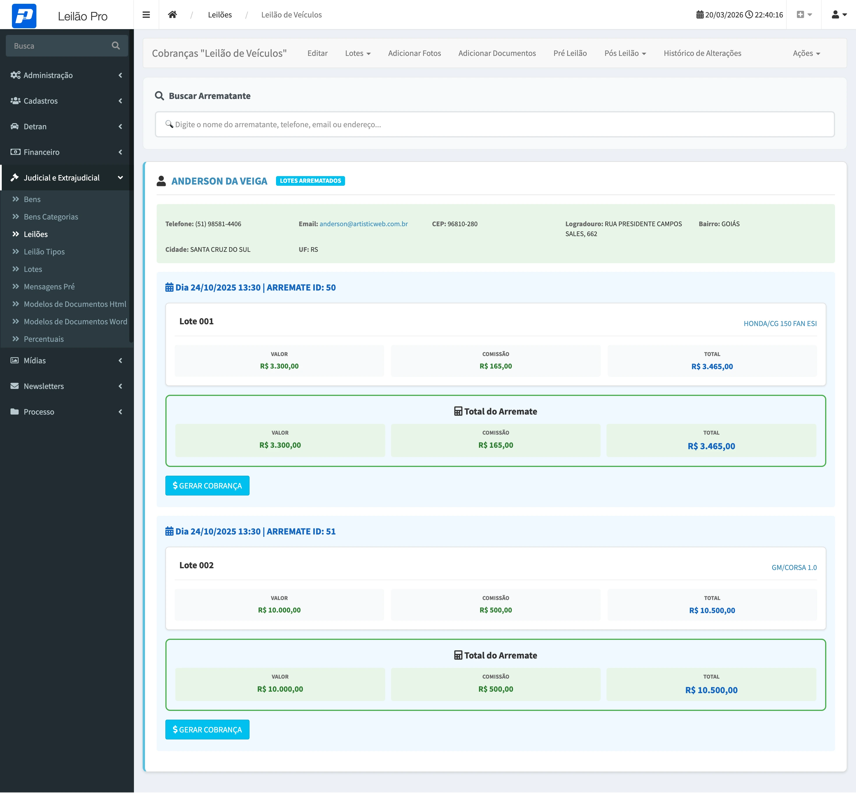 Módulo Financeiro do Administrador do Leilão PRO