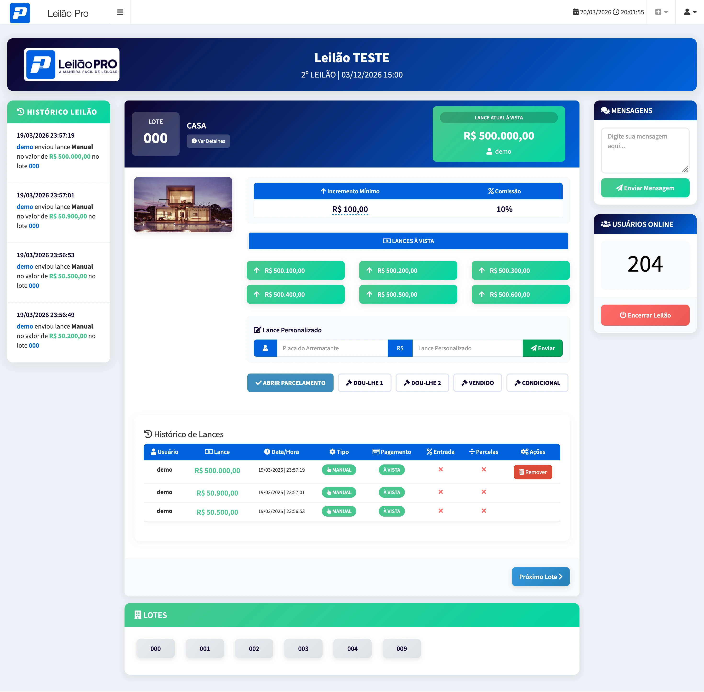 Auditório Virtual do Administrador do Leilão PRO